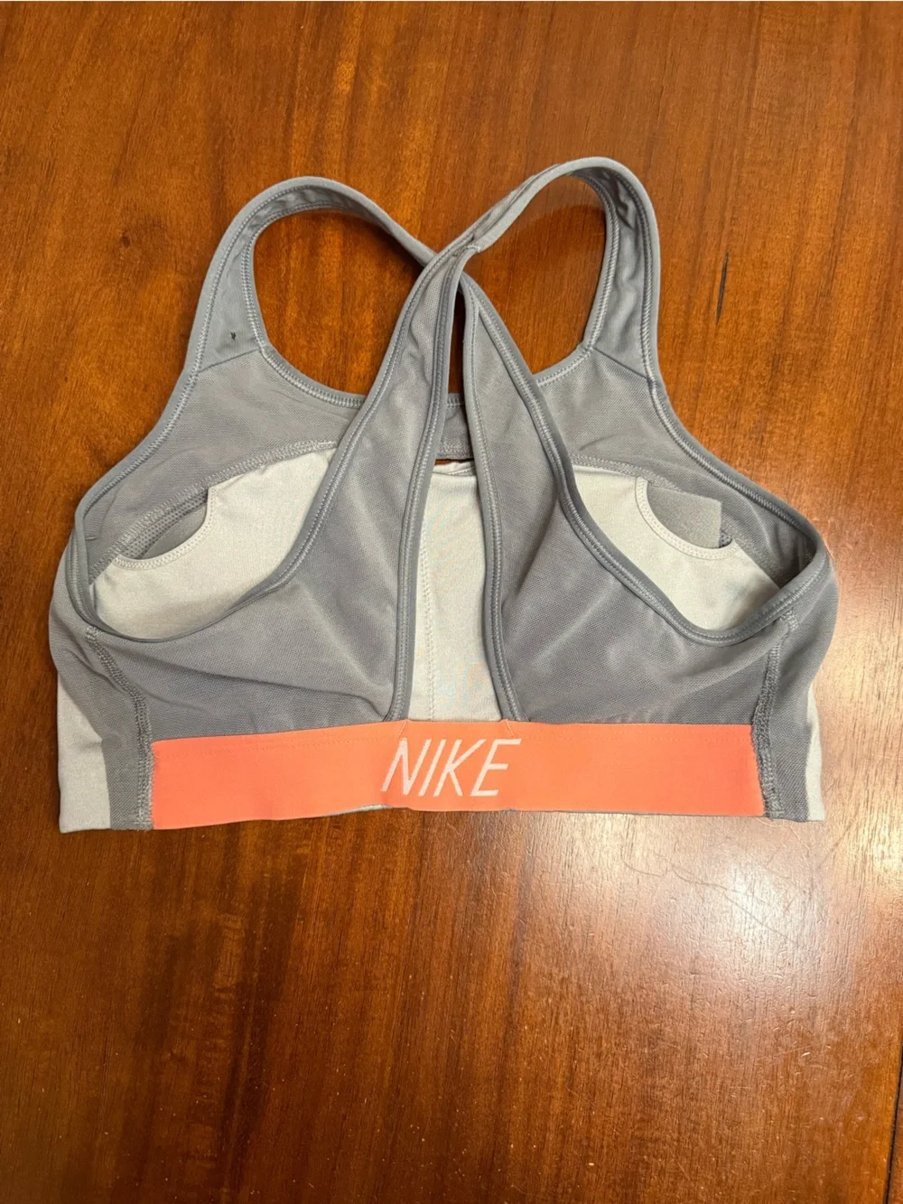 Nike Gray Cross-Back Sports Bra with Coral Logo Band